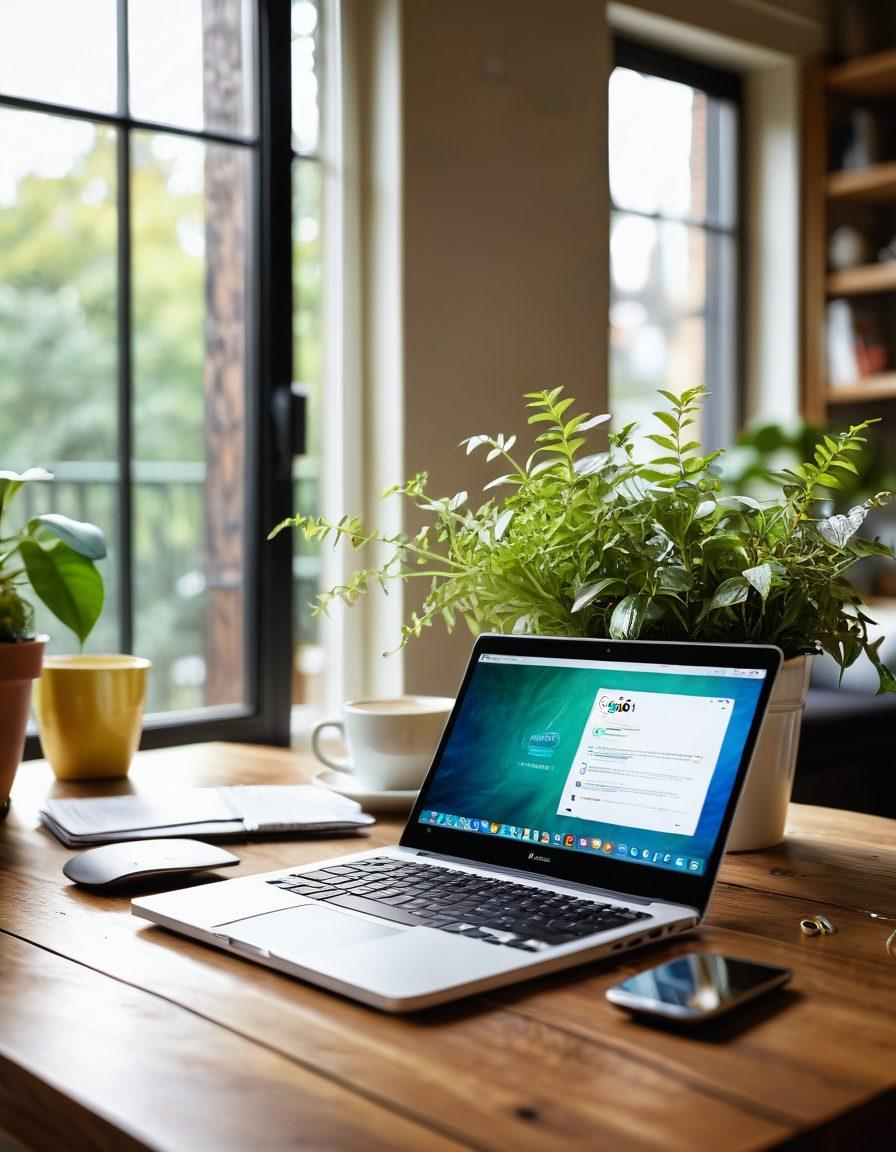 An open laptop on a wooden desk with colorful emails flying out of the screen, each labeled with dollar signs, while a cheerful person leans in reading an email eagerly. A coffee cup sits beside the laptop, hinting at a relaxed yet productive atmosphere. The background features a bright, sunny window with green plants. Vibrant colors. super-realistic.