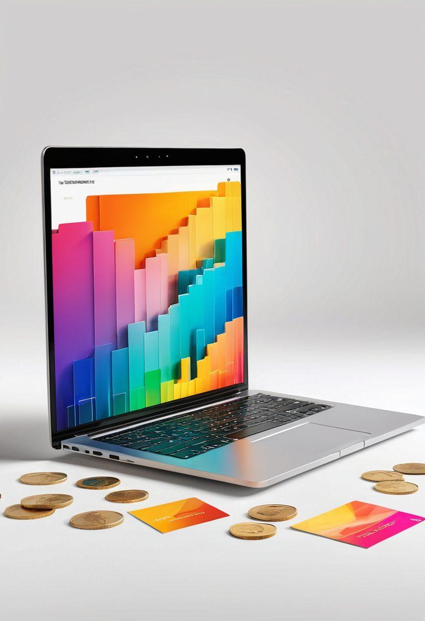 A visually striking workspace featuring a laptop with an open email client displaying a vibrant graph showing rising profits. Surrounding the laptop are stacks of colorful envelopes symbolizing email marketing, along with gold coins and dollar bills cascading from the top of the image. The background should be a dynamic gradient representing financial growth, with subtle hints of technology. super-realistic. vibrant colors. white background.